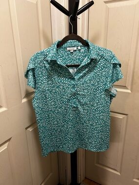 Chico's  Green Mosaic Collared Flutter Short Sleeve Blouse Top